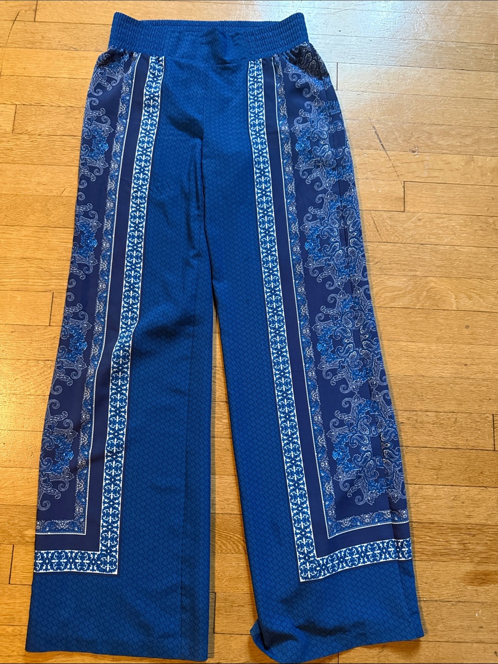 Cache Blue Patterned Wide-Leg Silky Pants